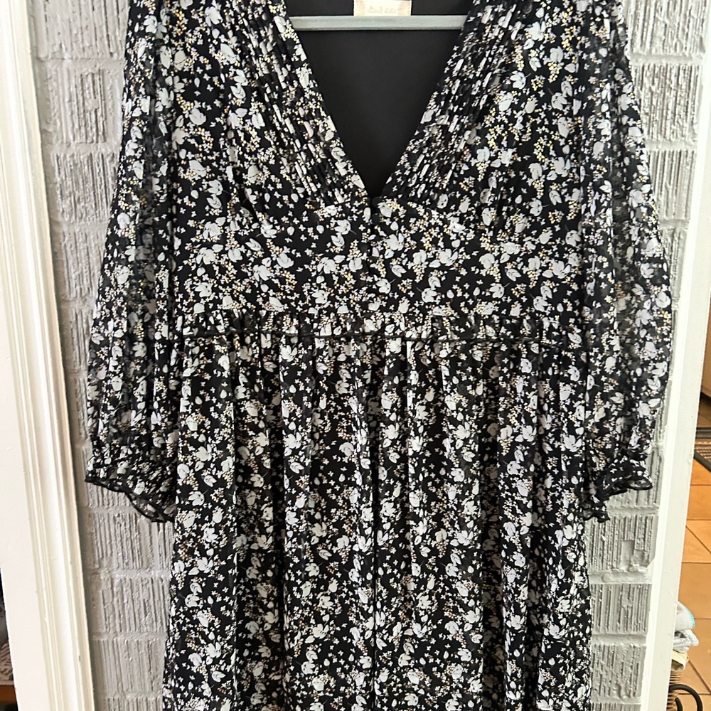 Altar'd State Black and White Pleated Sundress with Bishop Sleeves